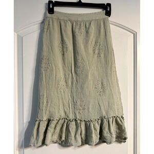 Sim & Sam Eyelet Ruffle Midi Skirt Womens XS Green Boho Embroidery